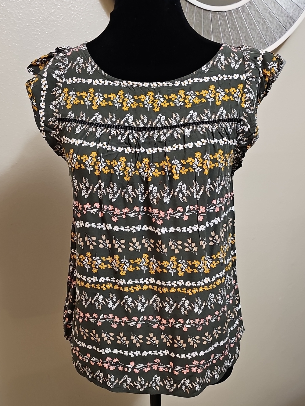 LOFT Black Floral Stripe Flutter Sleeve Blouse with Pink & Mustard